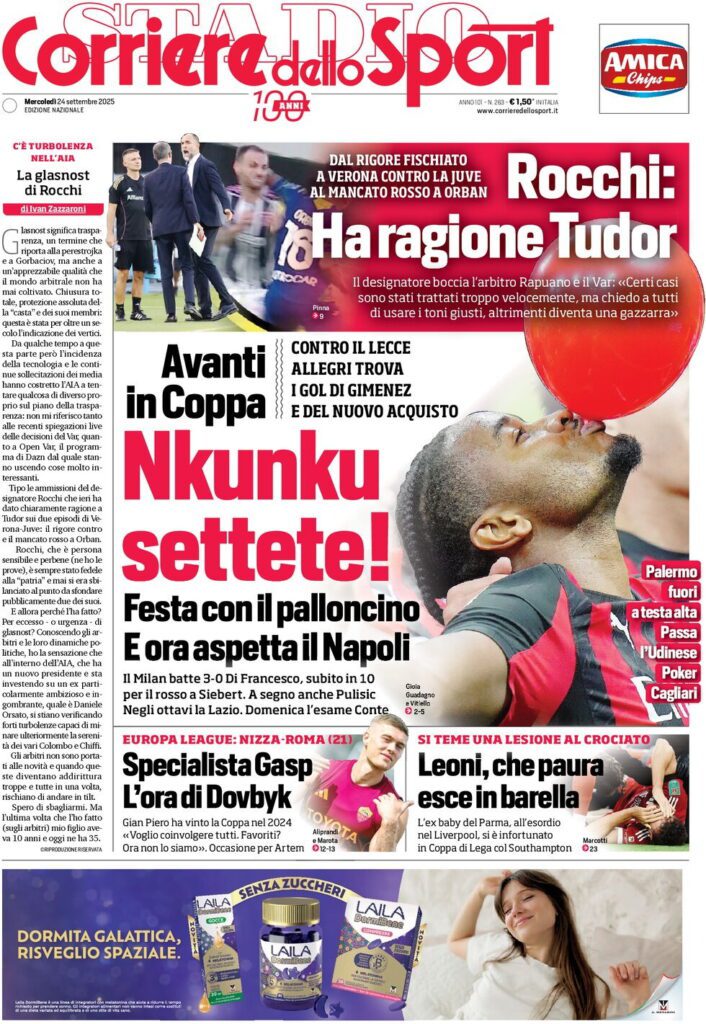 Le prime pagine sportive nazionali - 24 settembre 2025 33 corriere dello sport 065829916