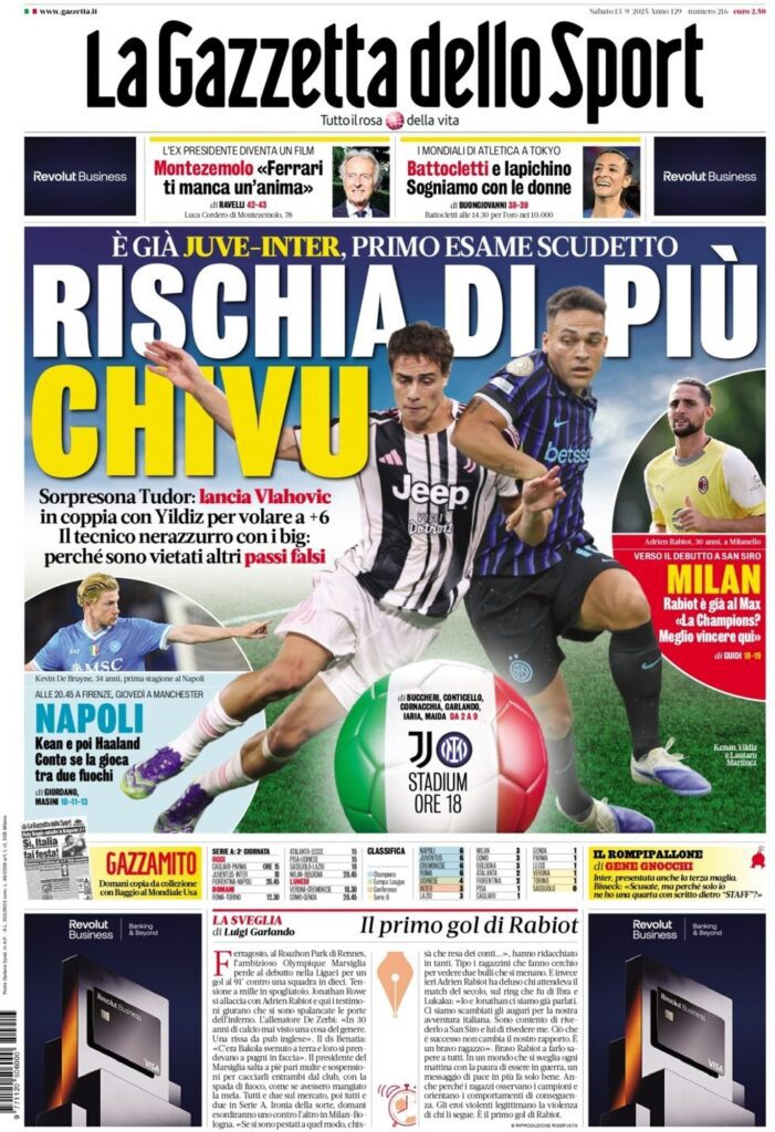 Le prime pagine sportive nazionali - 13 settembre 2025 34 gazzetta dello sport