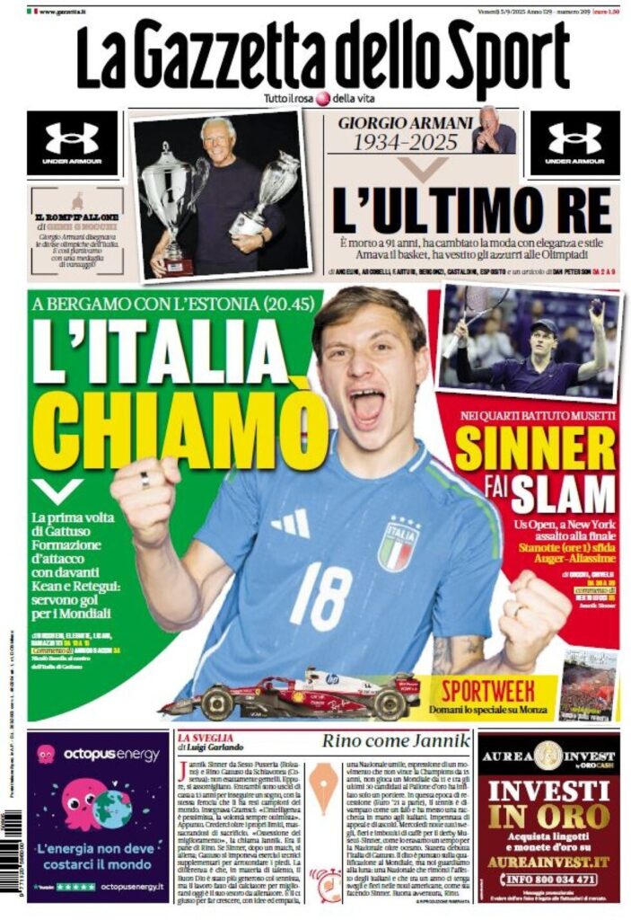 Le prime pagine sportive nazionali - 5 settembre 2025 34 la gazzetta dello sport 020013072