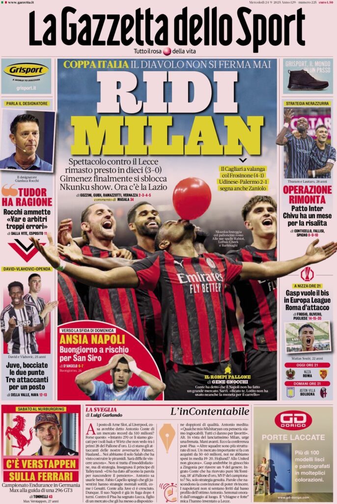Le prime pagine sportive nazionali - 24 settembre 2025 34 la gazzetta dello sport 065848746