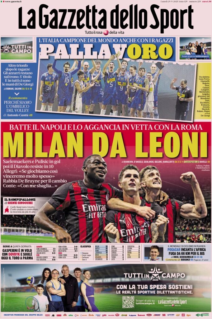 Le prime pagine sportive nazionali - 29 settembre 2025 33 la gazzetta dello sport 072813ez7