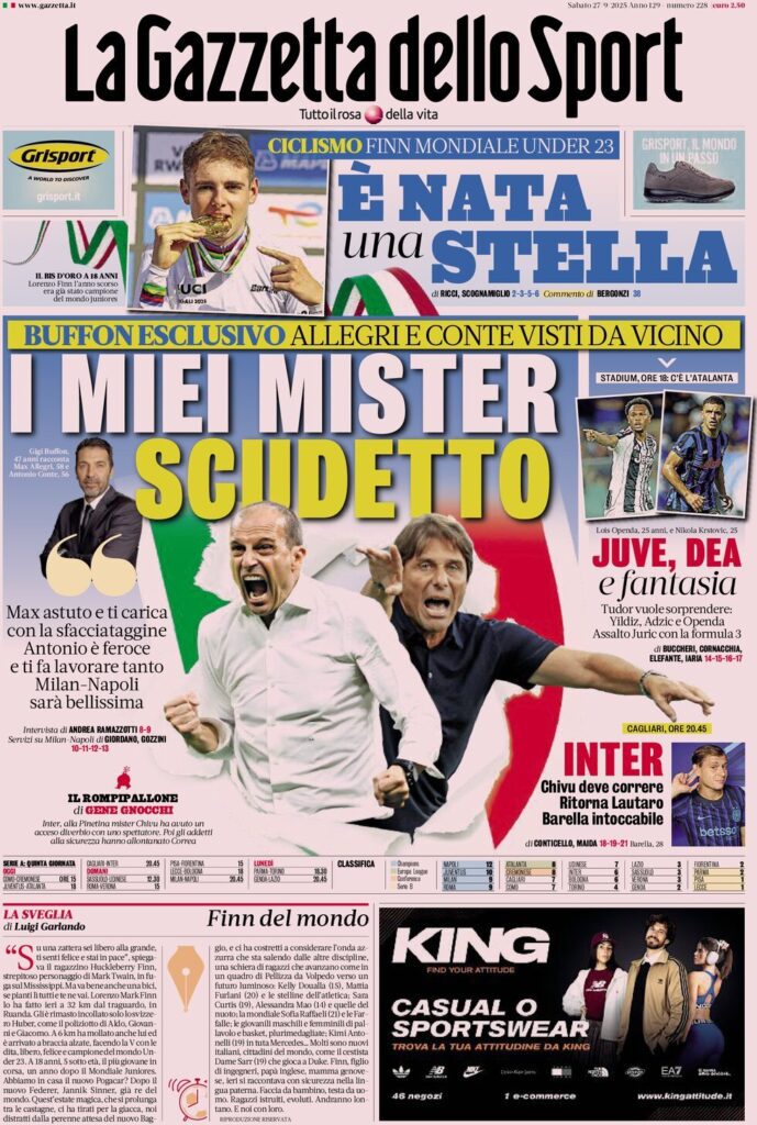 Le prime pagine sportive nazionali - 27 settembre 2025 34 la gazzetta dello sport 073821671
