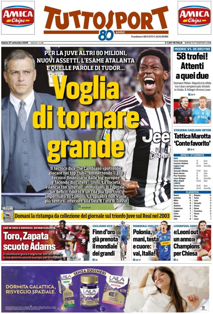 Le prime pagine sportive nazionali - 27 settembre 2025 32 tuttosport 021205899