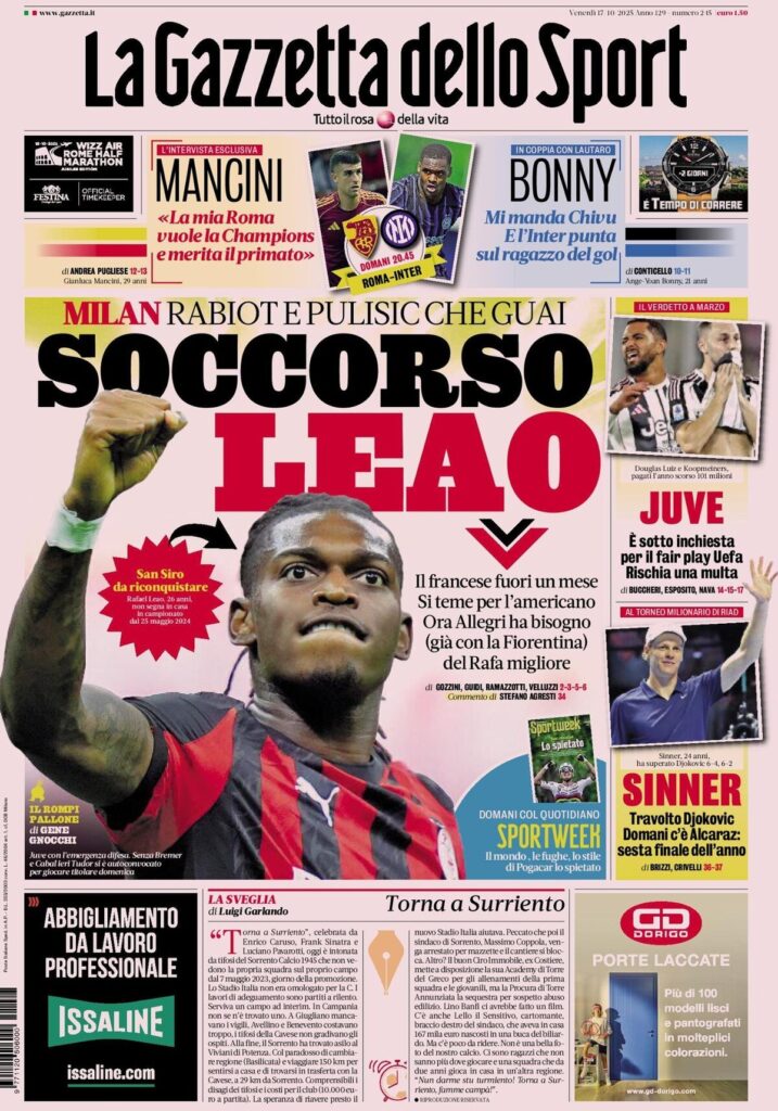 Le prime pagine sportive nazionali - 17 ottobre 2025 34 IMG 8979