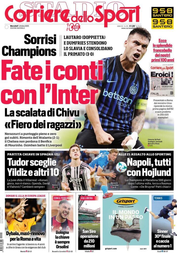 Le prime pagine pagine sportive nazionali - 1 ottobre 2025 33 WhatsApp Image 2025 10 01 at 07.42.12