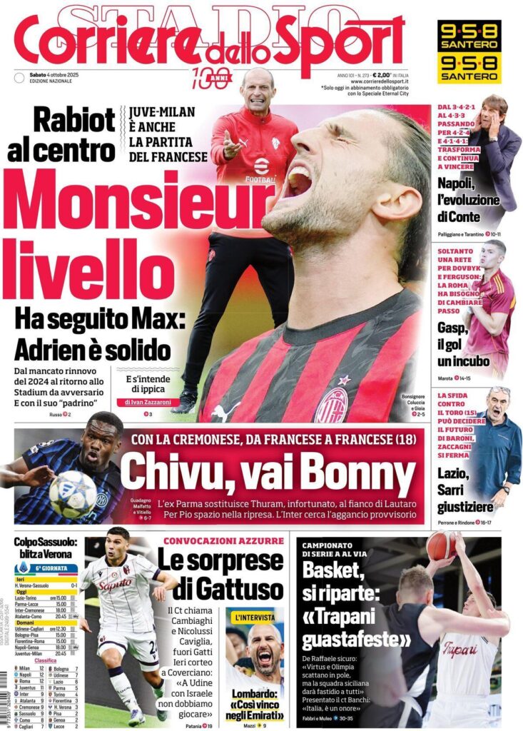 Le prime pagine sportive nazionali - 4 ottobre 2025 33 Corriere dello Sport