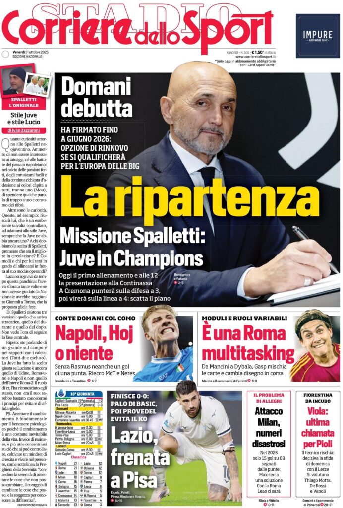 Le prime pagine sportive nazionali - 31 ottobre 2025 33 corriere dello sport 021207aps
