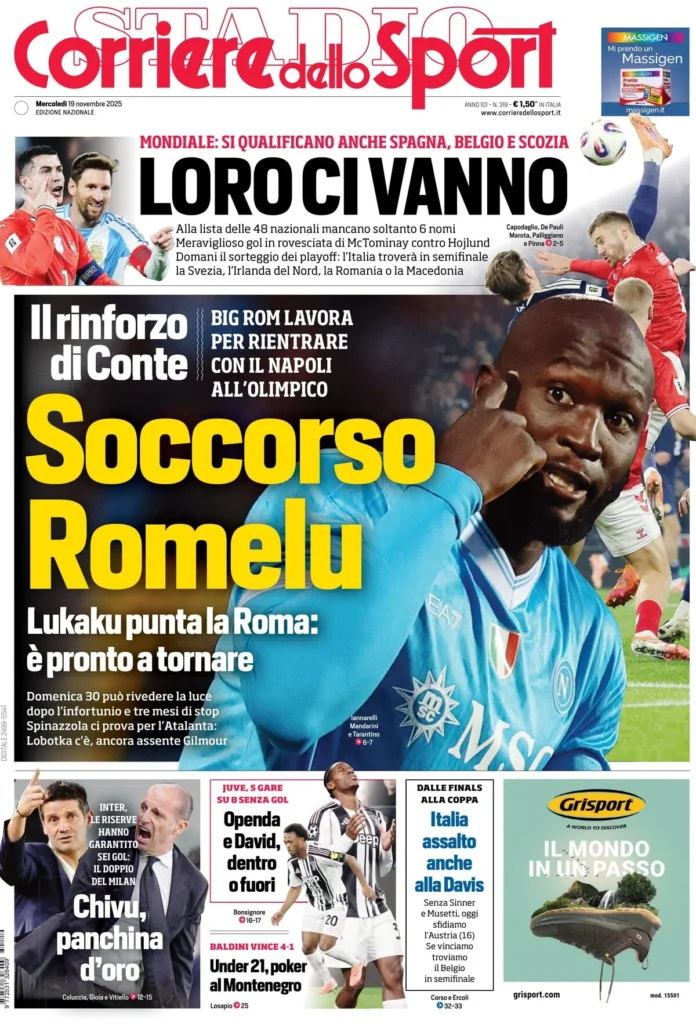 Le prime pagine sportive nazionali – 19 novembre 2025 33 corriere dello sport 02120825u