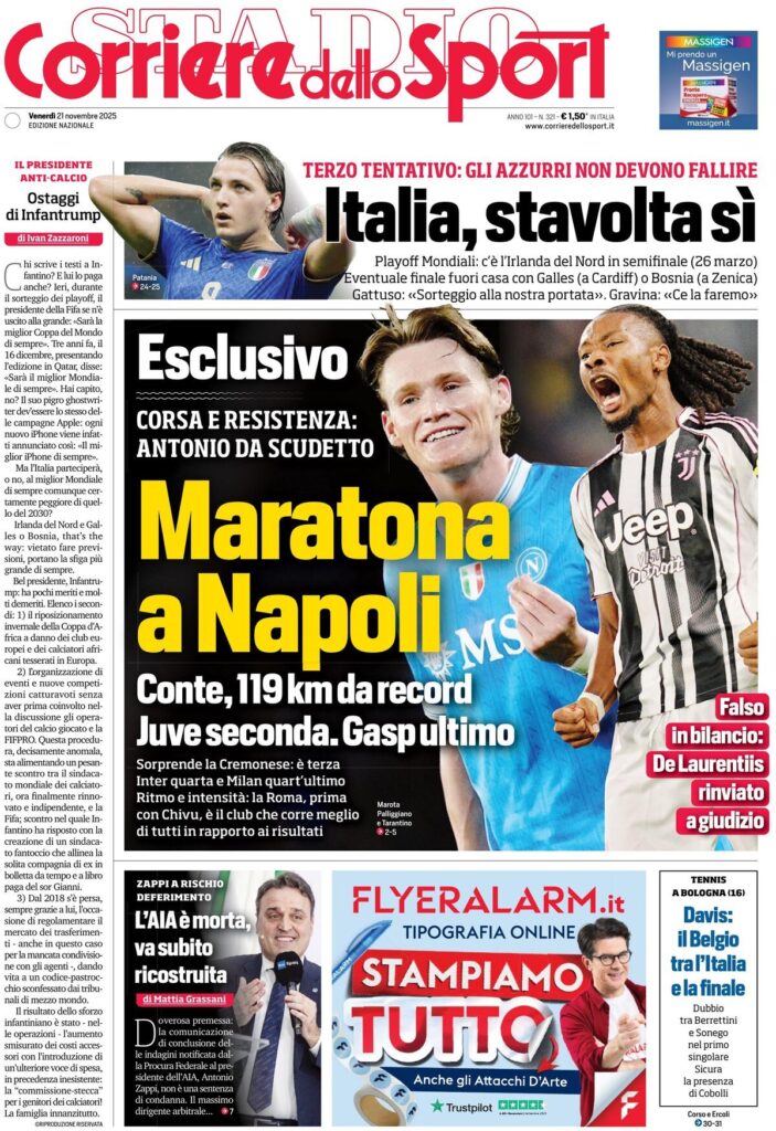 Le prime pagine sportive nazionali – 21 novembre 2025 33 corriere dello sport 0212086wt