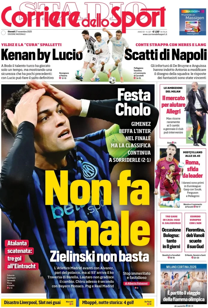 Le prime pagine sportive nazionali – 27 novembre 2025 33 corriere dello sport 021208zwx