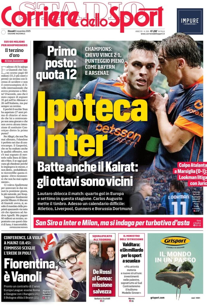 Le prime pagine sportive nazionali - 6 novembre 2025 33 corriere dello sport 021209wk9 1
