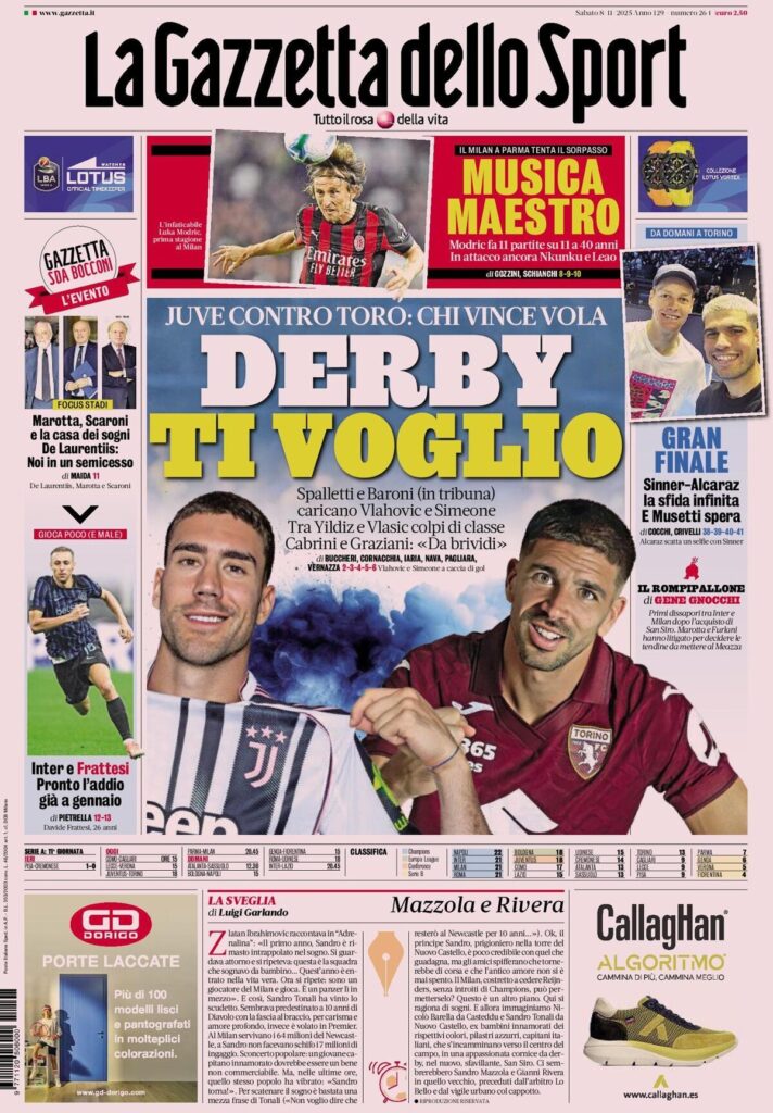 Le prime pagine sportive nazionali - 8 novembre 2025 34 la gazzetta dello sport 020011nue 1