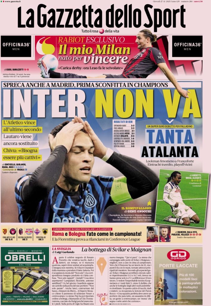 Le prime pagine sportive nazionali – 27 novembre 2025 32 la gazzetta dello sport 0628070wf