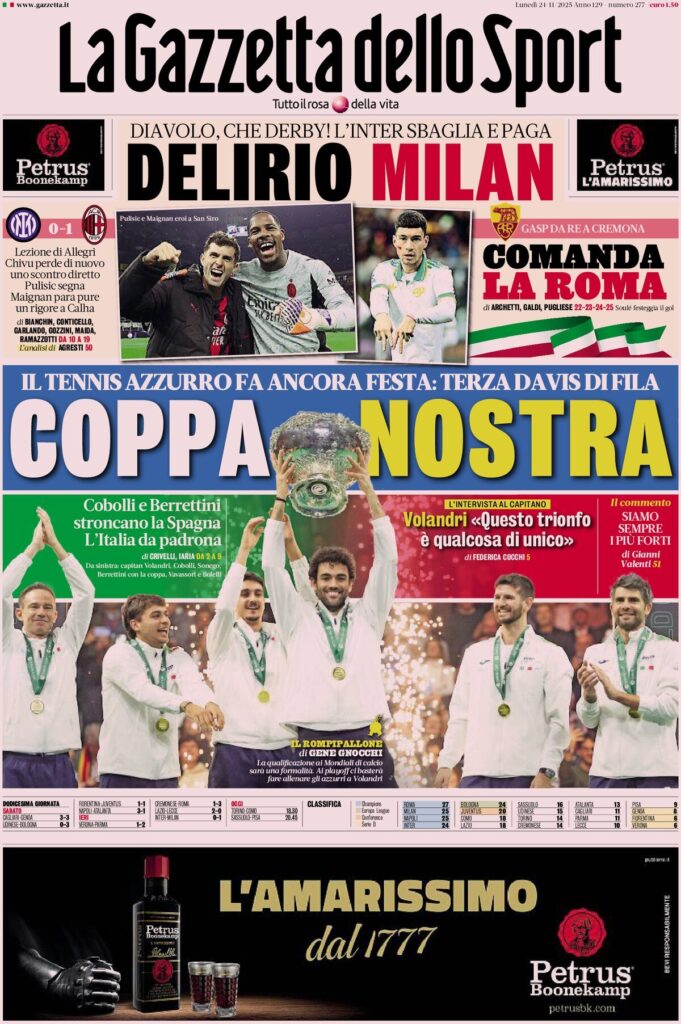 Le prime pagine sportive nazionali – 24 novembre 2025 32 la gazzetta dello sport 06281585y