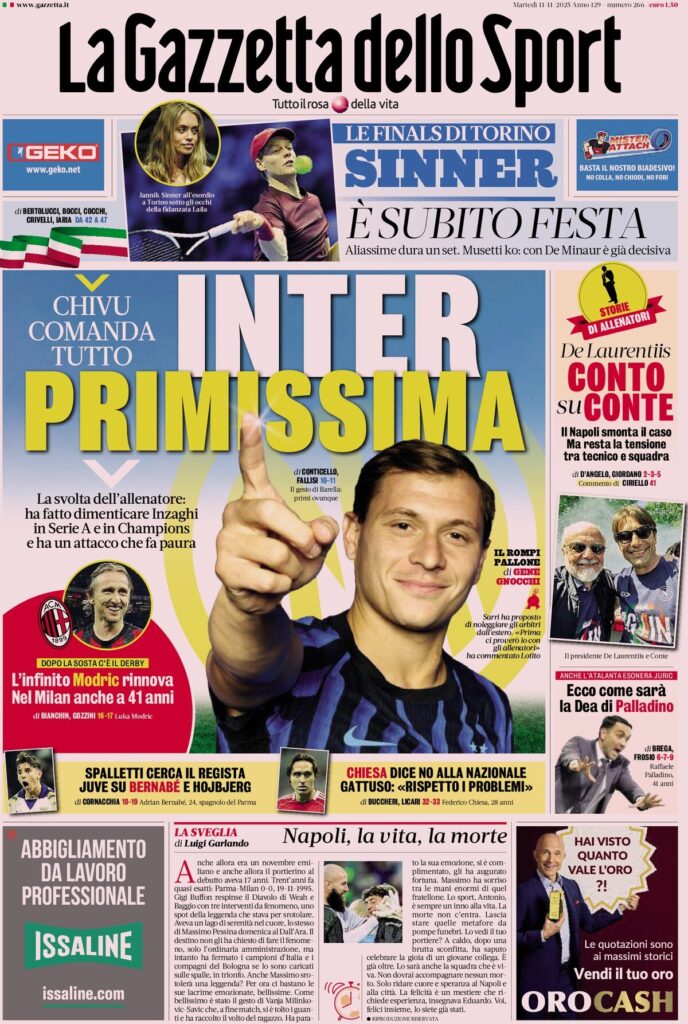 Le prime pagine sportive nazionali - 11 novembre 2025 32 la gazzetta dello sport 065815up1