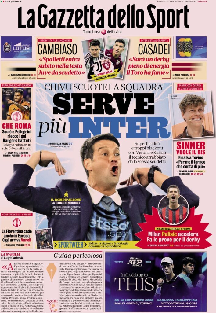 Le prime pagine sportive nazionali - 7 novembre 2025 32 la gazzetta dello sport 070859366