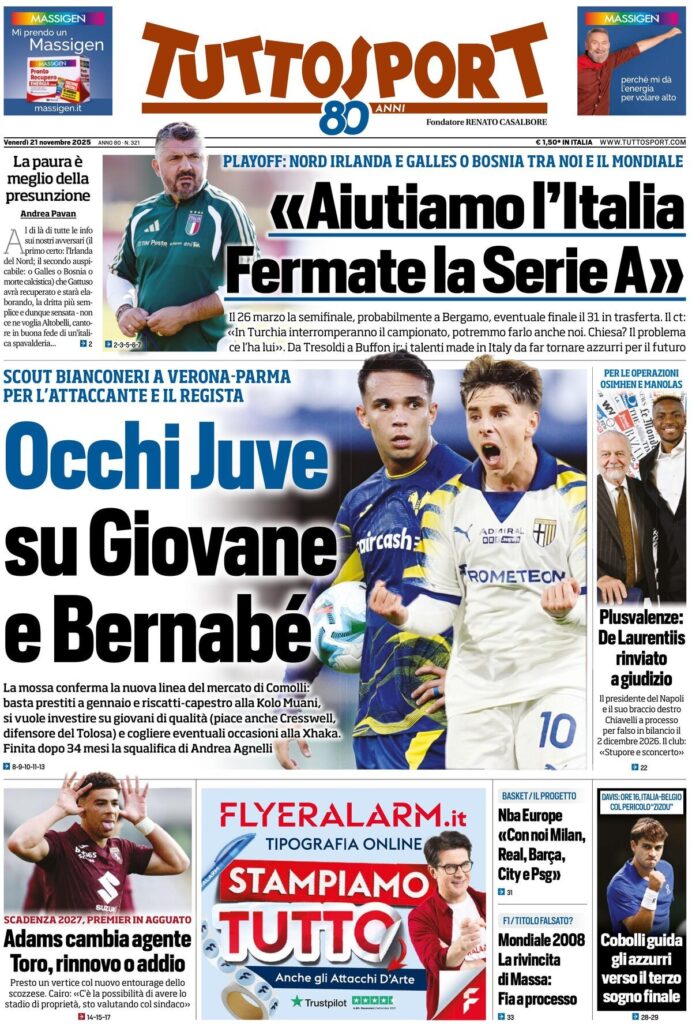 Le prime pagine sportive nazionali – 21 novembre 2025 34 tuttosport 021203djs
