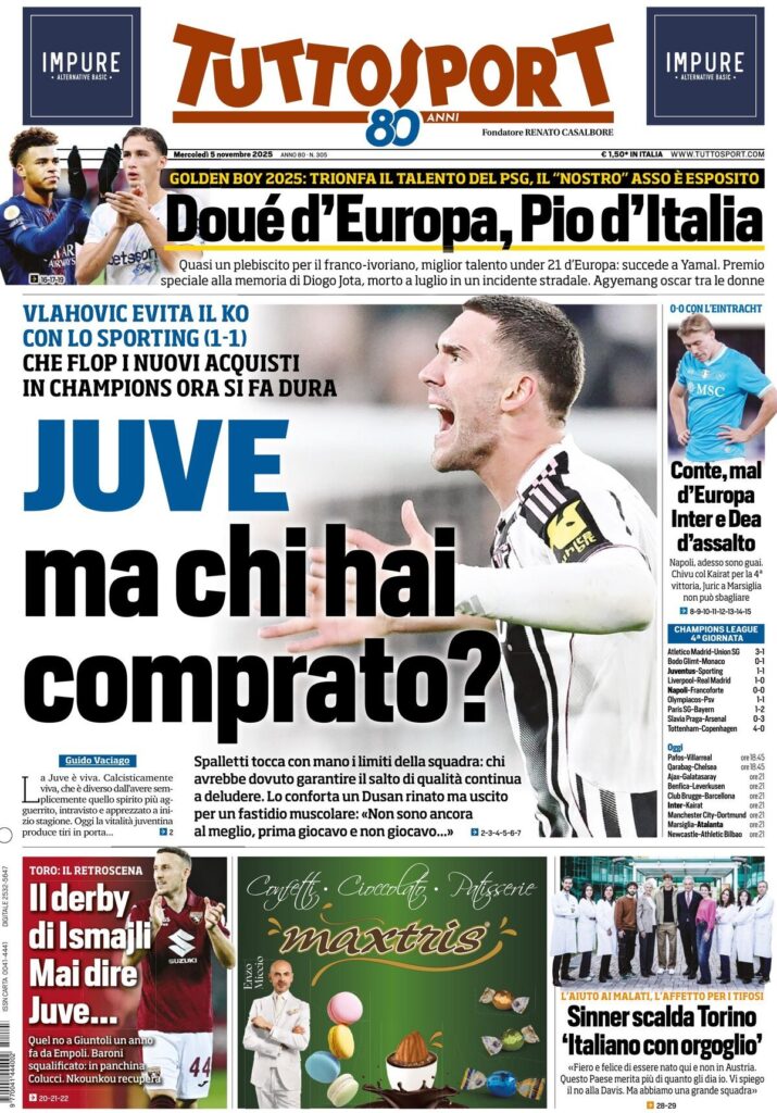 Le prime pagine sportive nazionali - 5 novembre 2025 34 tuttosport 021204dj8