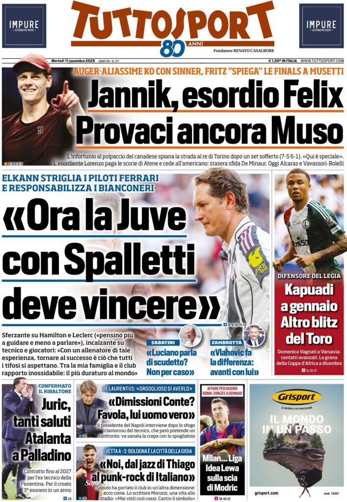 Le prime pagine sportive nazionali - 11 novembre 2025 34 tuttosport 021205oyx