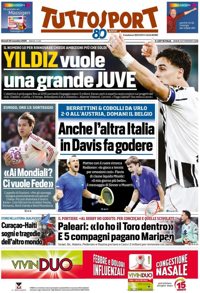 Le prime pagine sportive nazionali – 20 novembre 2025 32 tuttosport 021205zkr 1