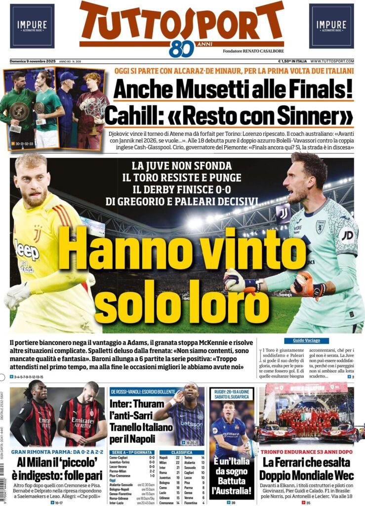 Le prime pagine sportive nazionali - 9 novembre 2025 34 tuttosport 021206s98