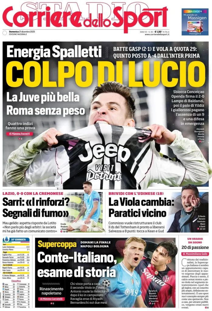 Le prime pagine sportive nazionali – 21 dicembre 2025 33 corriere dello sport 020347tu674ym