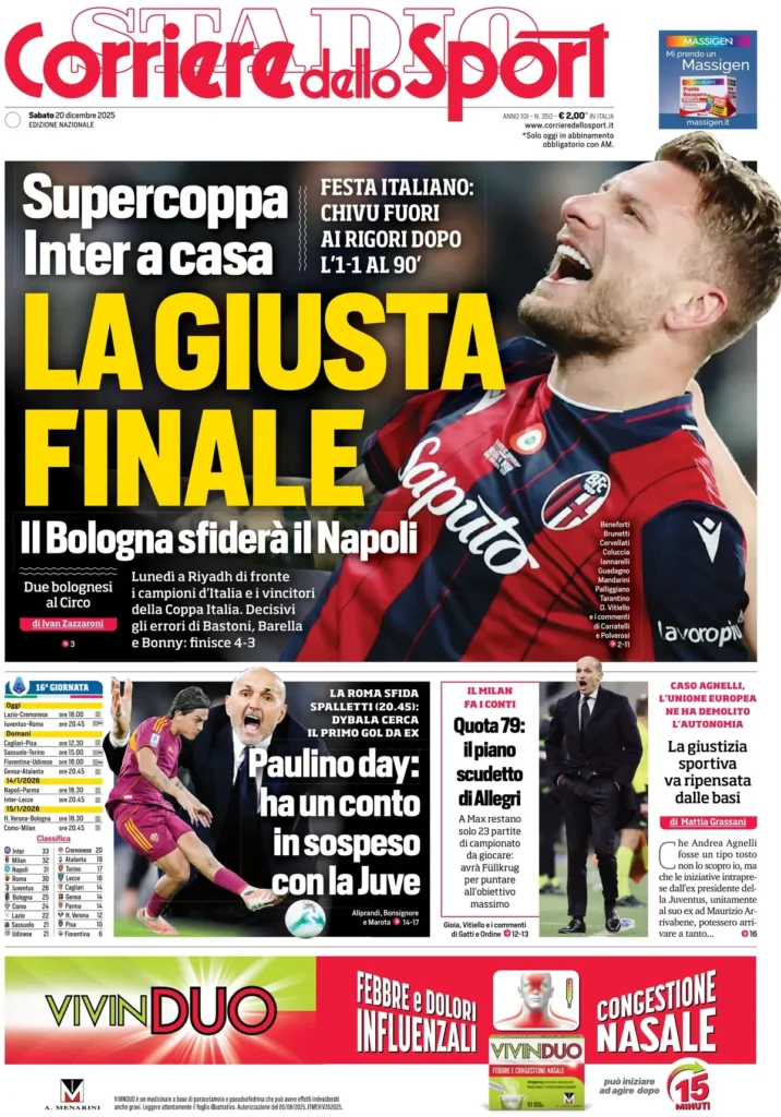 Le prime pagine sportive nazionali – 20 dicembre 2025 33 corriere dello sport 020350z8p4s5r