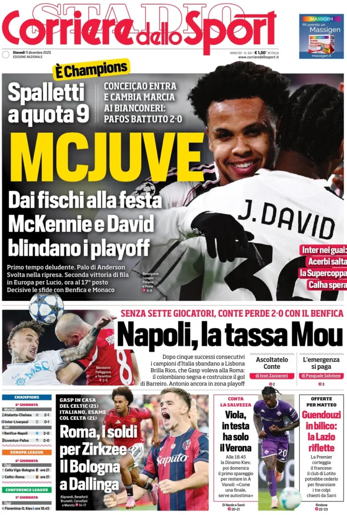 Le prime pagine sportive nazionali – 11 dicembre 2025 33 corriere dello sport 0205380yb