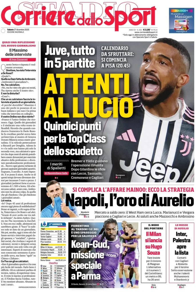 Le prime pagine sportive nazionali – 27 dicembre 2025 33 corriere dello sport 020538exq3keo