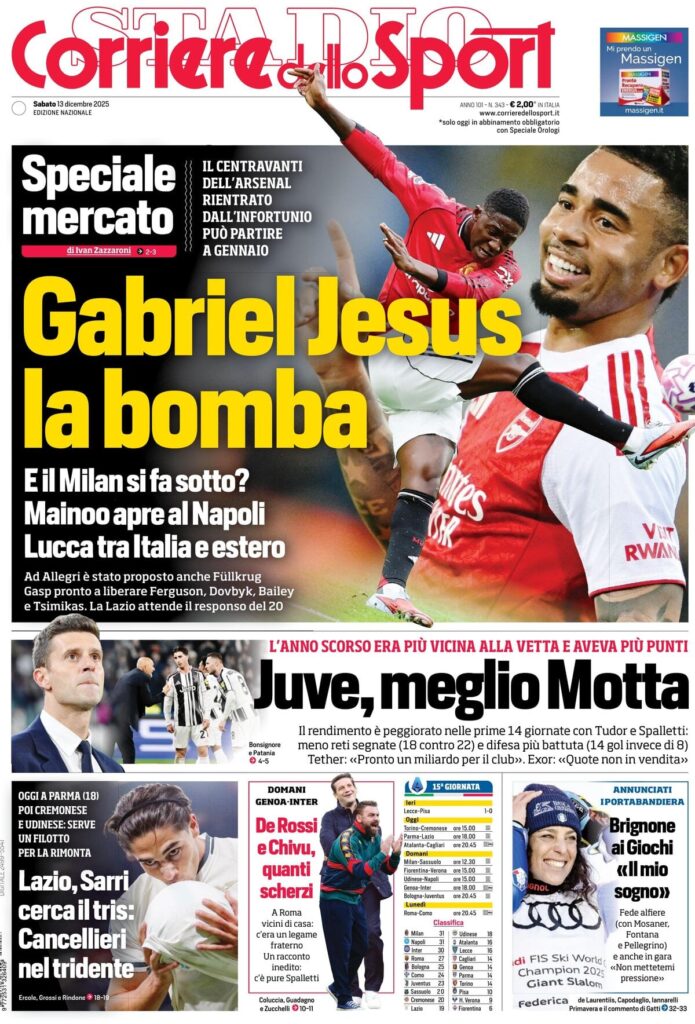 Le prime pagine sportive nazionali – 13 dicembre 2025 33 corriere dello sport 020538ic4