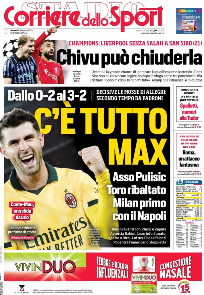 Le prime pagine sportive nazionali – 9 dicembre 2025 33 corriere dello sport 060143qky 1