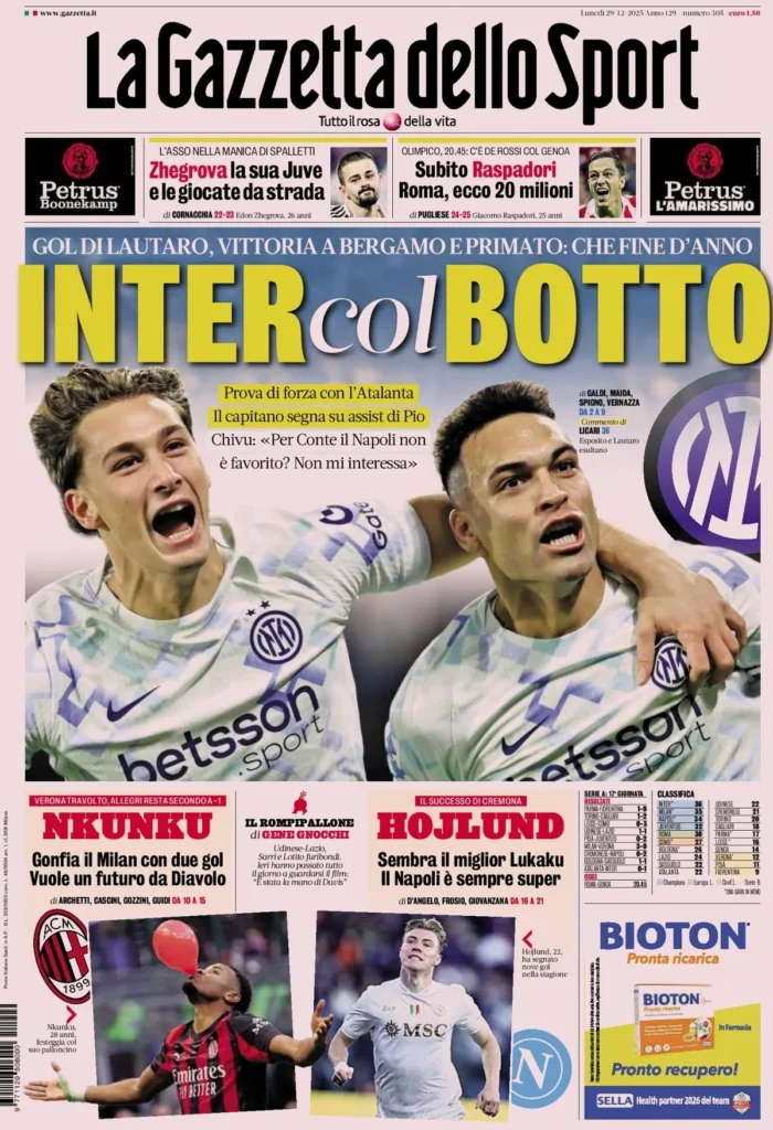 Le prime pagine dei giornali - 29 dicembre 2025 34 la gazzetta dello sport 031820qtx9n8a