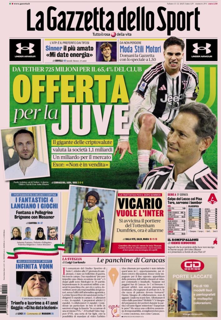 Le prime pagine sportive nazionali – 13 dicembre 2025 34 la gazzetta dello sport 0319291oq