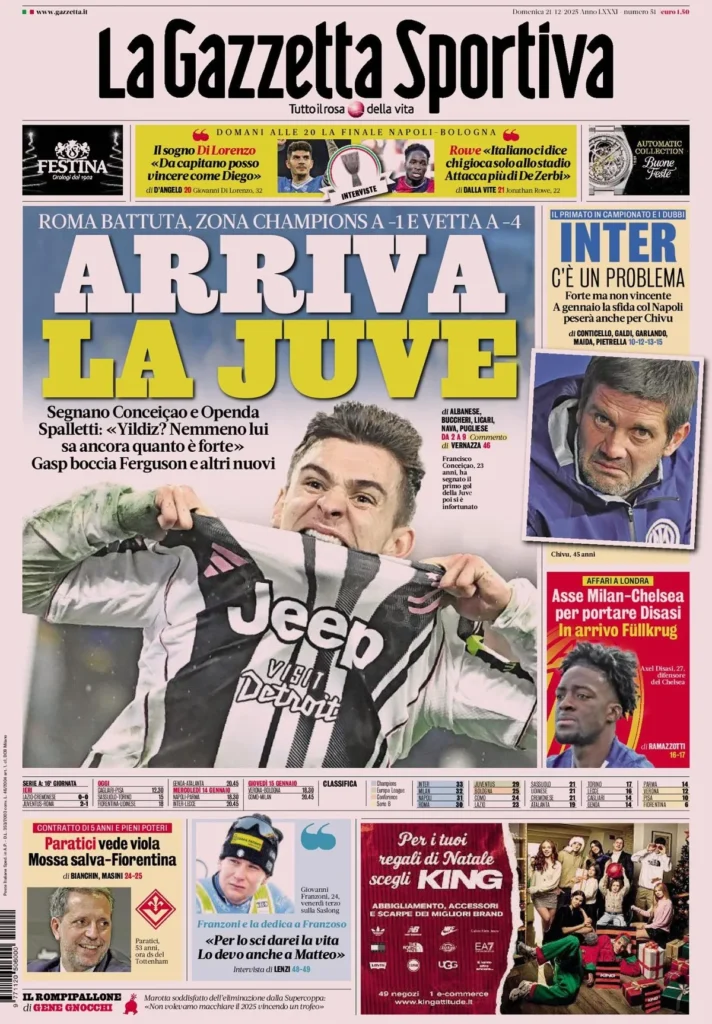 Le prime pagine sportive nazionali – 21 dicembre 2025 32 la gazzetta dello sport 0626208dq5x1e