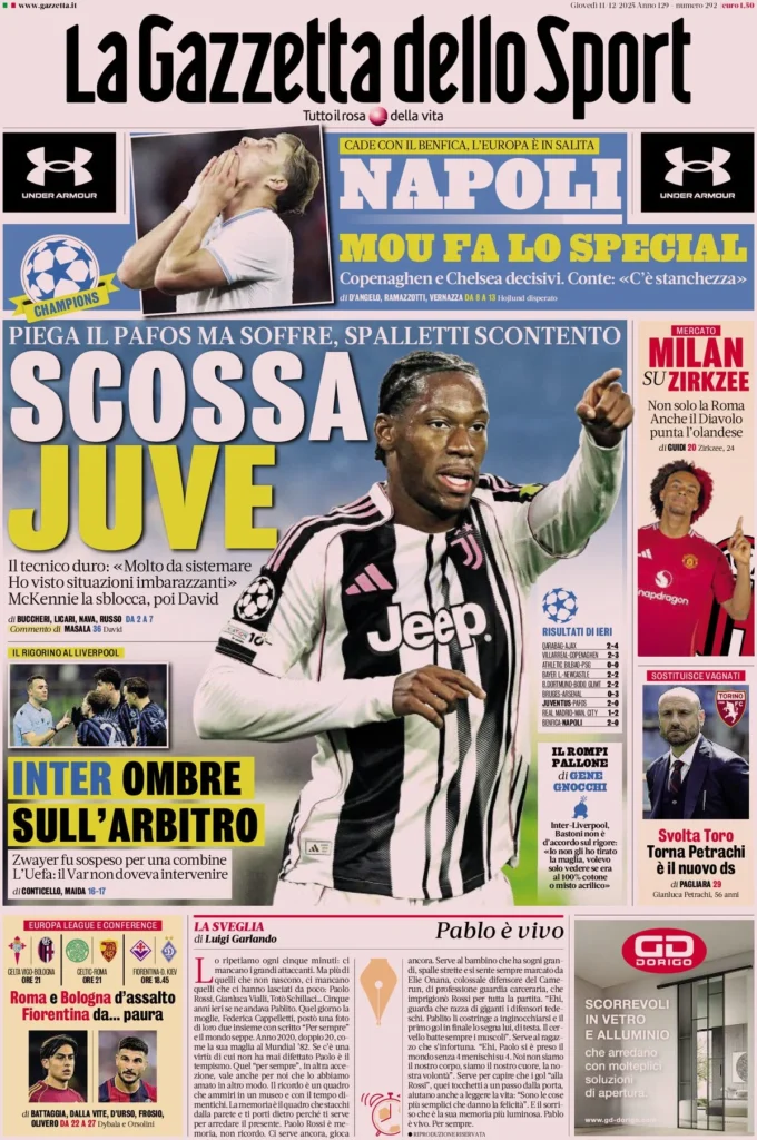 Le prime pagine sportive nazionali – 11 dicembre 2025 32 la gazzetta dello sport 0709202fy