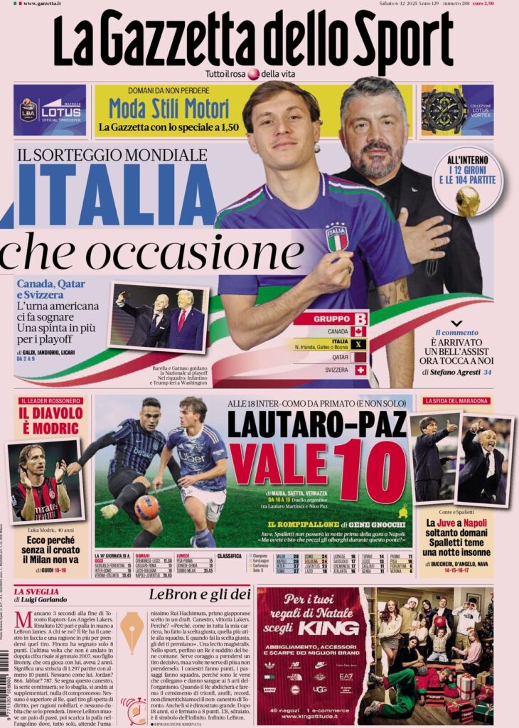 Le prime pagine sportive nazionali – 6 dicembre 2025 32 la gazzetta dello sport 07181651f 1