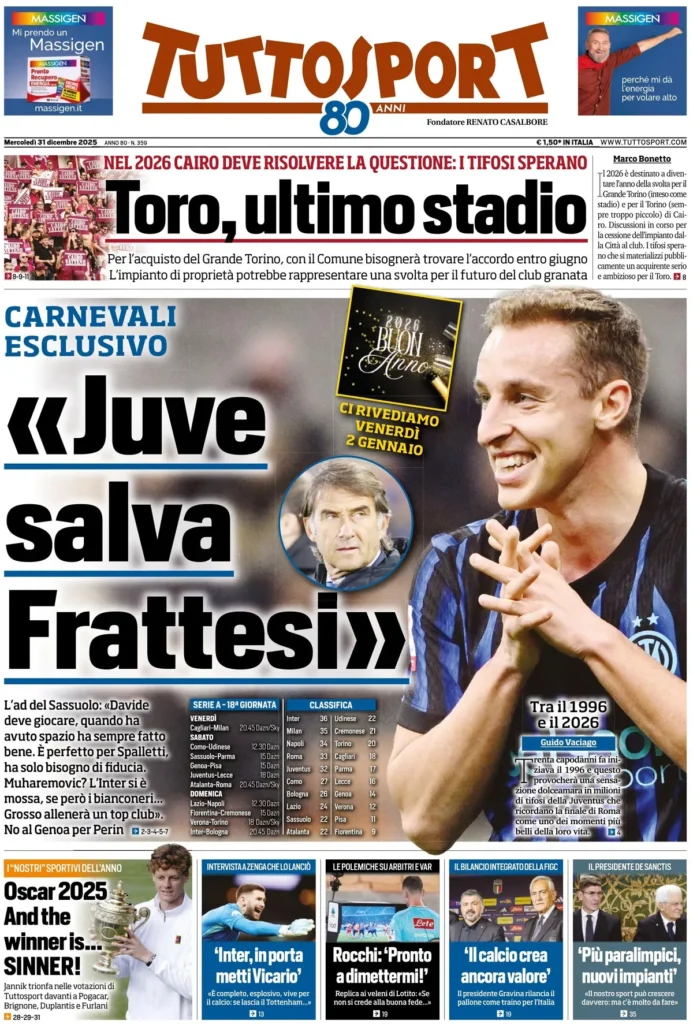 Le prime pagine dei giornali - 31 dicembre 2025 33 tuttosport 020424rsmazi4