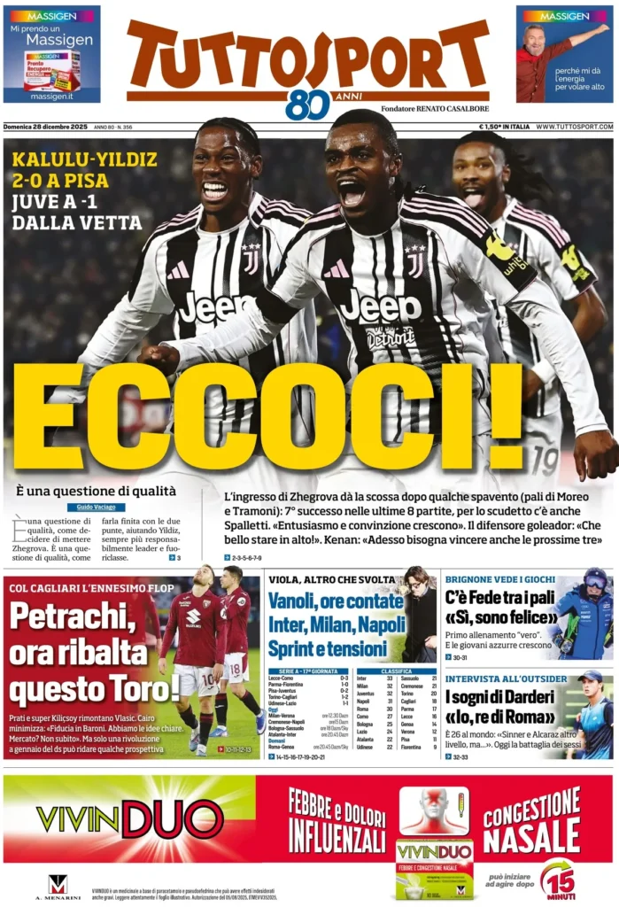 Le prime pagine dei giornali - 28 dicembre 2025 33 tuttosport 020555ctr23iy