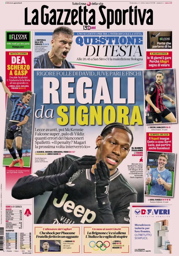 Le prime pagine dei quotidiani sportivi - 4 gennaio 2026 32 la gazzetta dello sport 0318381264j36