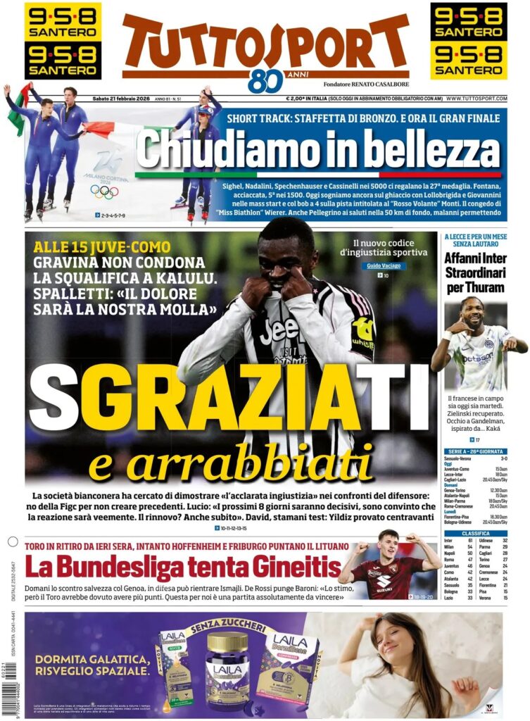 Le prime pagine dei quotidiani sportivi – 21 febbraio 2026 29 IMG 1844