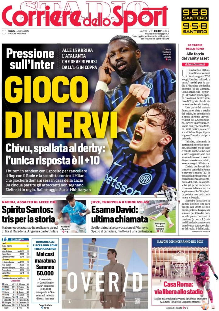Le prime pagine dei quotidiani sportivi – 14 marzo 2026 28 IMG 2197