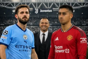 Bernardo Silva e un giocatore del Manchester United col volto pixellato, in mezzo Jorge Mendes