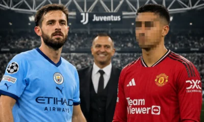 Bernardo Silva e un giocatore del Manchester United col volto pixellato, in mezzo Jorge Mendes