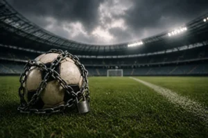 Un pallone incatenato con un lucchetto su un campo da calcio, sullo sfondo nubi nere