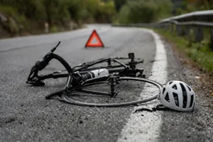 Bici rotta e casco sull'asfalto dopo un incidente