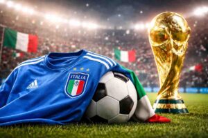 La maglia dell'Italia su un pallone con dietro la Coppa del Mondo
