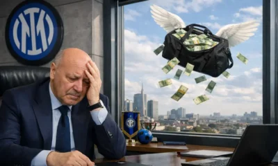 Marotta preoccupato, mentre una valigia piena di soldi vola via fuori dalla finestra