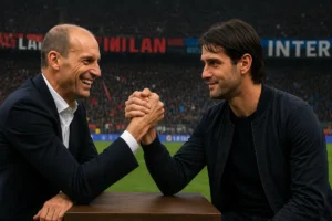 Allegri e Chivu si sfidano a braccio di ferro a San Siro, immagine creata con intelligenza artificiale