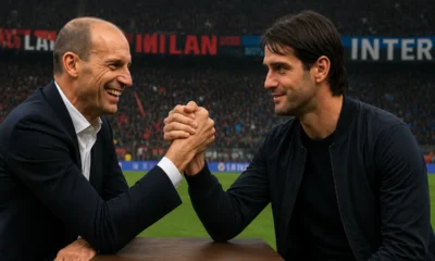 Allegri e Chivu si sfidano a braccio di ferro a San Siro, immagine creata con intelligenza artificiale