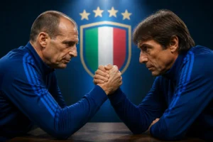 Allegri e Conte si sfidano a braccio di ferro per la panchina dell'Italia, immagine creata con intelligenza artificiale